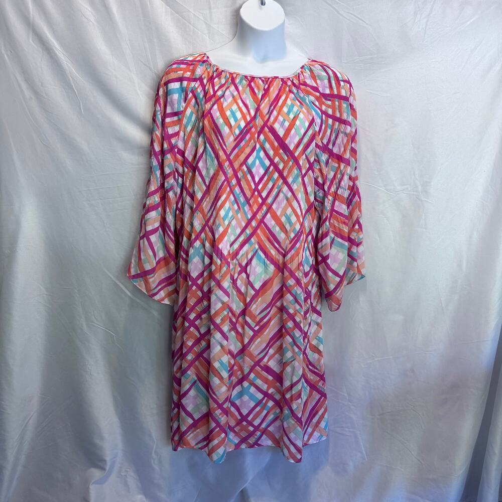 Ninety Clothing Co. 3X Geometric Plaid Shift Dress Pink Orange Boho Bell Sleeve